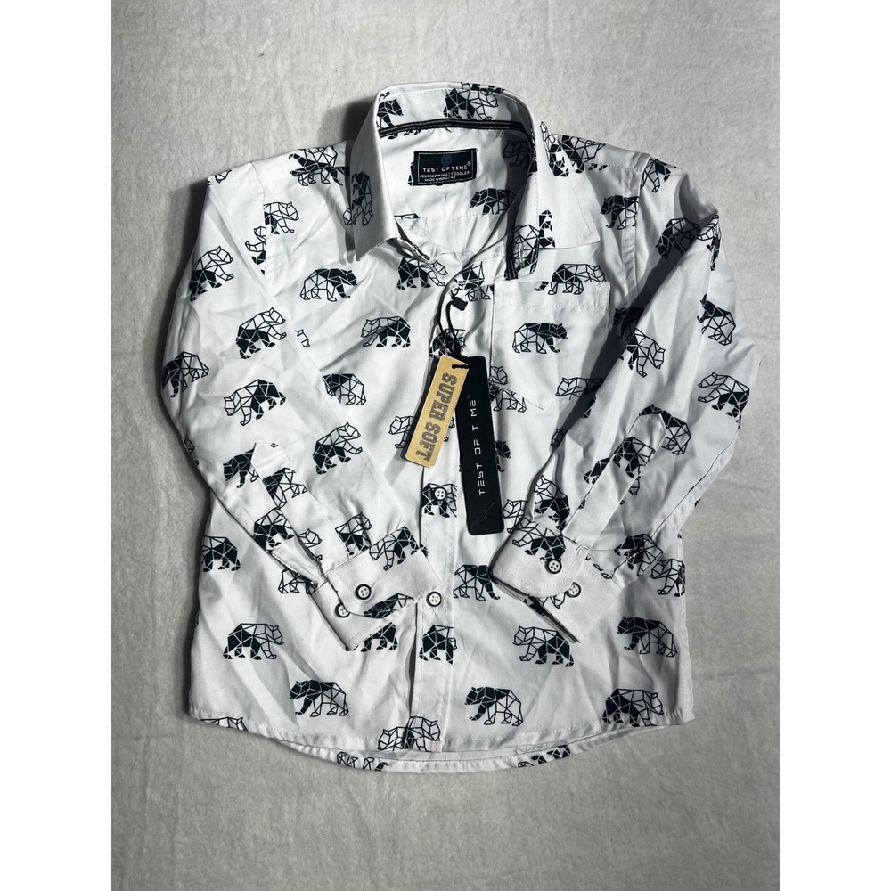 Test of Time Toddler Boys White Geometric Bear Print Button Down Shirt 4T NWT